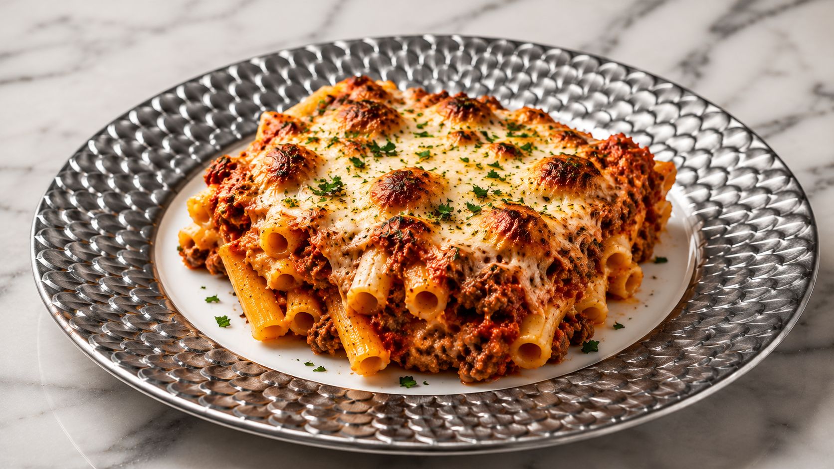 A close-up of a serving of baked ziti being lifted from a ceramic baking dish, showing layers of pasta, meat sauce, and golden melted mozzarella cheese