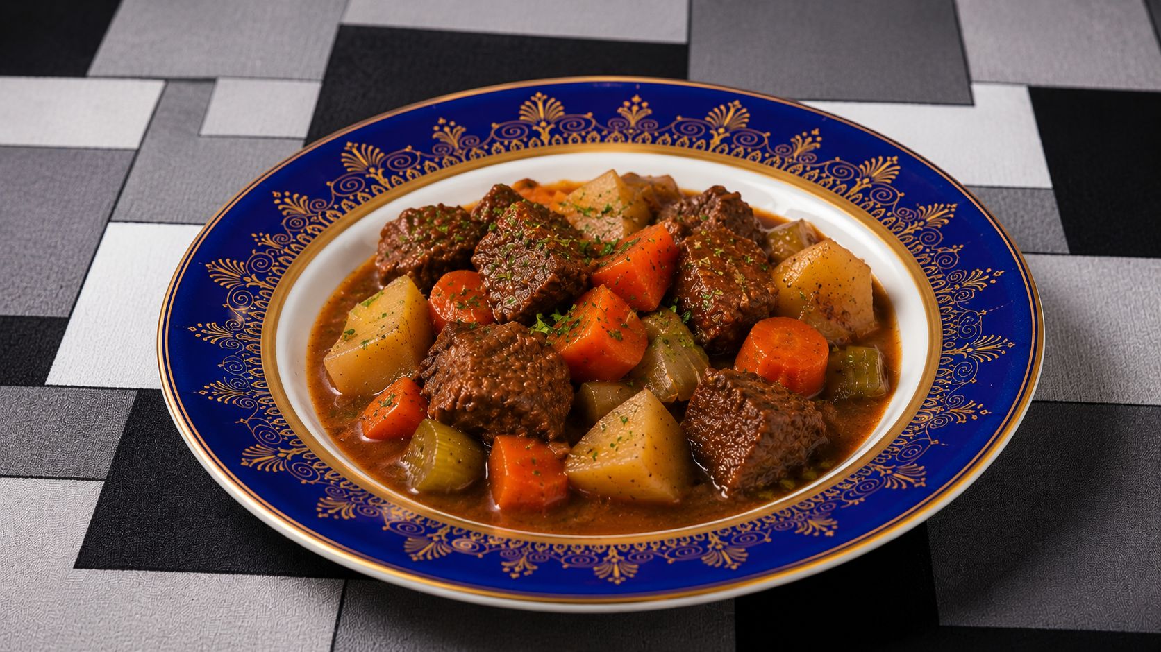 A bowl of hearty homemade beef stew with tender chuck roast, carrots, potatoes, and a rich dark broth, garnished with fresh parsley