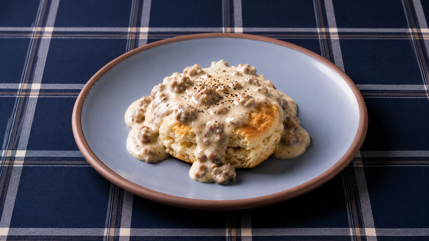 A plate of homemade biscuits and gravy, split golden buttermilk biscuits covered in thick, peppery sausage gravy, served on a white ceramic plate with a cast iron skillet in the background