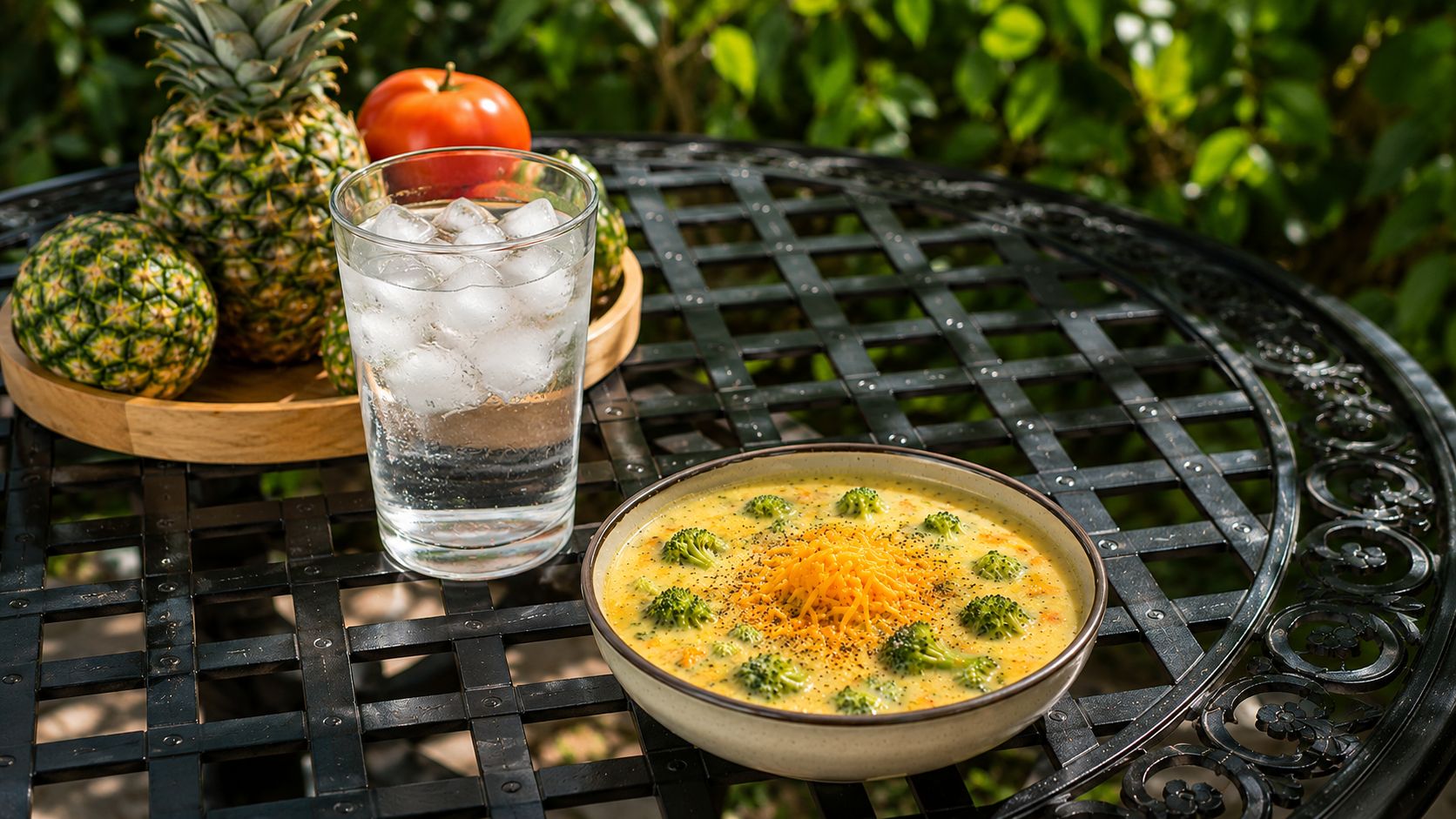 A bowl of thick homemade broccoli cheddar soup topped with shredded sharp cheddar and cracked black pepper, served with a piece of crusty bread on a wooden table