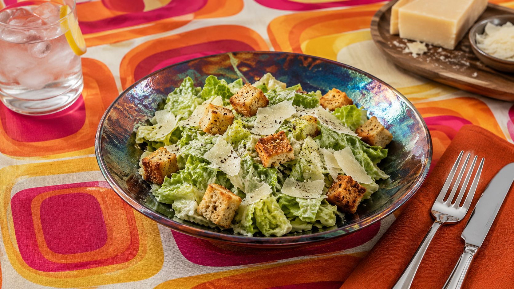A small glass jar of creamy homemade caesar salad dressing on a wooden cutting board, surrounded by a halved lemon, garlic cloves, and a wedge of Parmesan cheese