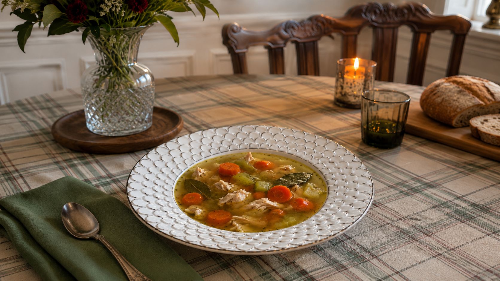 A white ceramic bowl of homemade chicken soup with shredded chicken, egg noodles, sliced carrots, celery, and fresh parsley, photographed from above on a worn wooden kitchen table