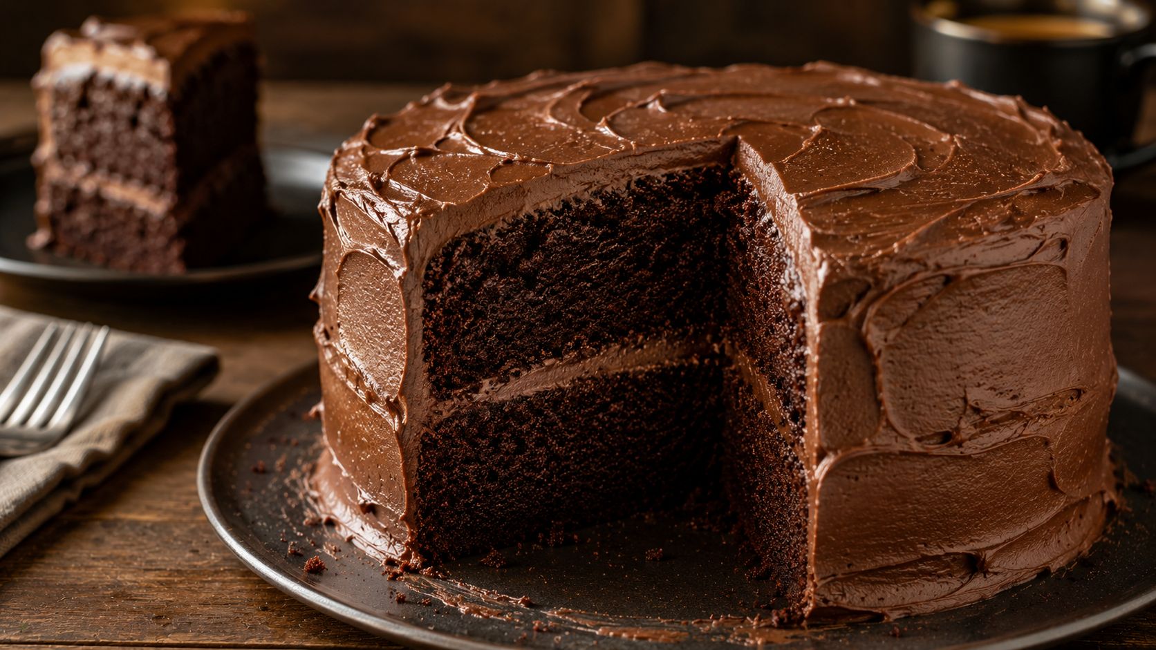 A two-layer chocolate cake on a white cake stand, generously frosted with dark chocolate buttercream and a clean rustic swirl finish, shot from slightly above on a wood surface