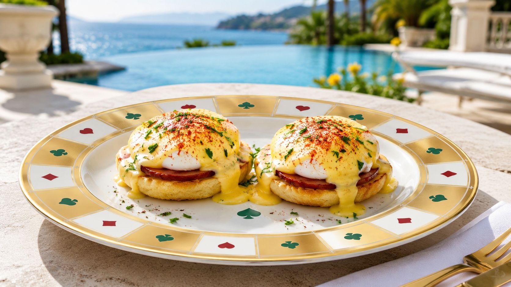 Two plates of classic eggs benedict with golden hollandaise sauce drizzled over perfectly poached eggs on toasted English muffins with Canadian bacon, garnished with fresh chives