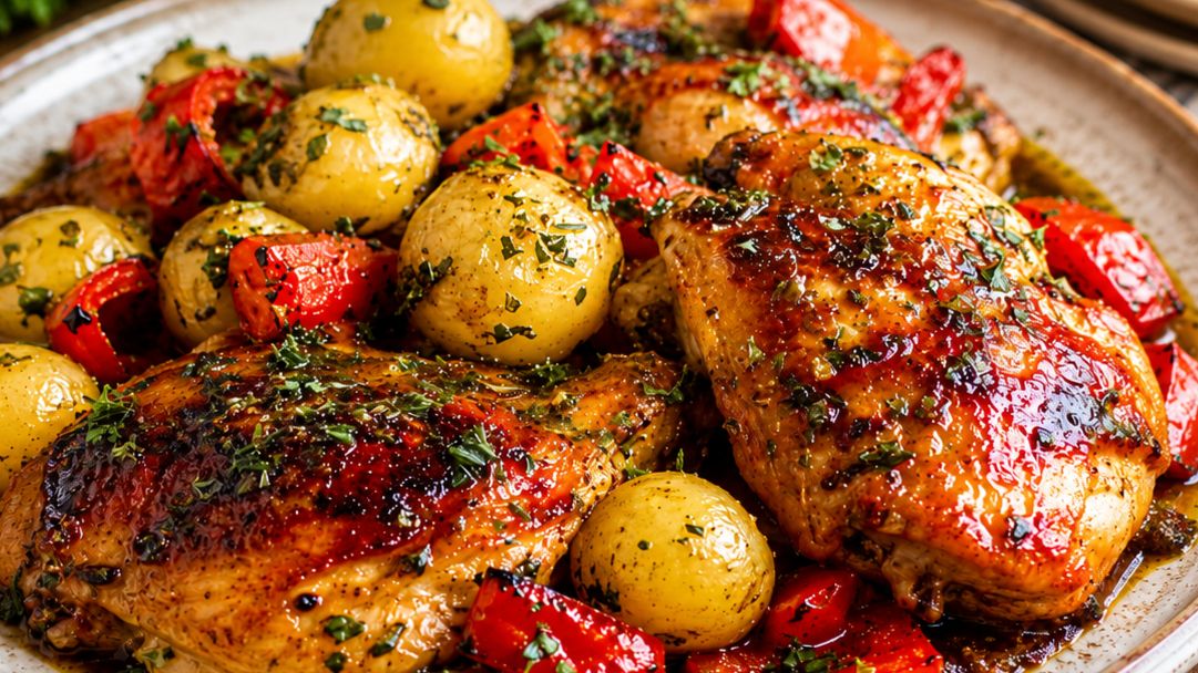 Overhead shot of crispy golden roasted chicken thighs on a sheet pan surrounded by caramelized potatoes, tender carrots, and green beans, garnished with fresh parsley