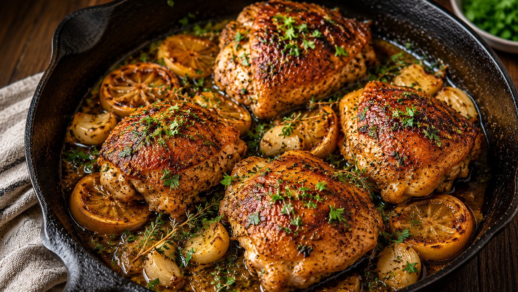 Crispy golden one-pan lemon herb chicken thighs in a cast iron skillet with roasted lemon rounds, smashed garlic, and fresh herbs scattered over the top