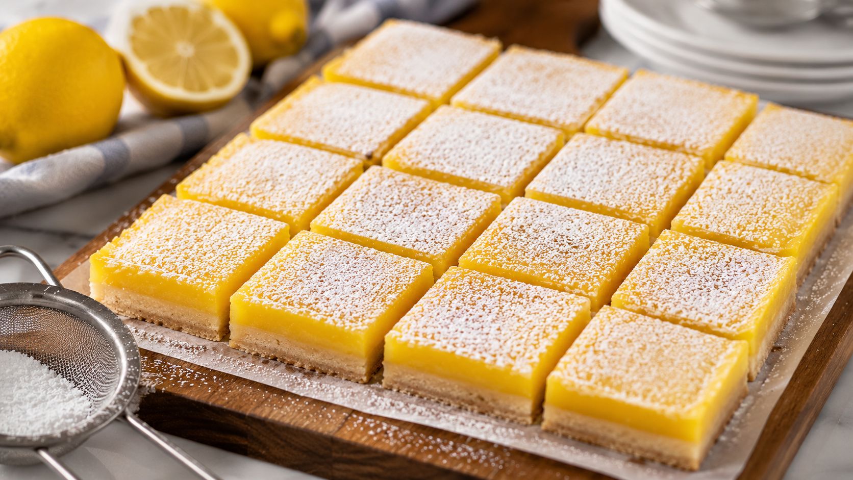 A close-up of classic homemade lemon bars dusted with powdered sugar, cut into neat squares on a white marble surface with a lemon half beside them