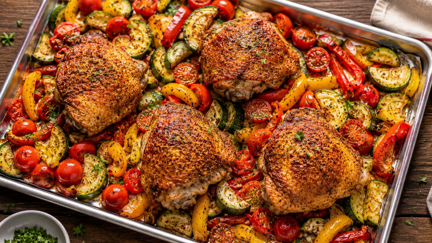 Sheet pan chicken thighs with golden crispy skin surrounded by roasted zucchini, bell peppers, and cherry tomatoes on a foil-lined baking sheet