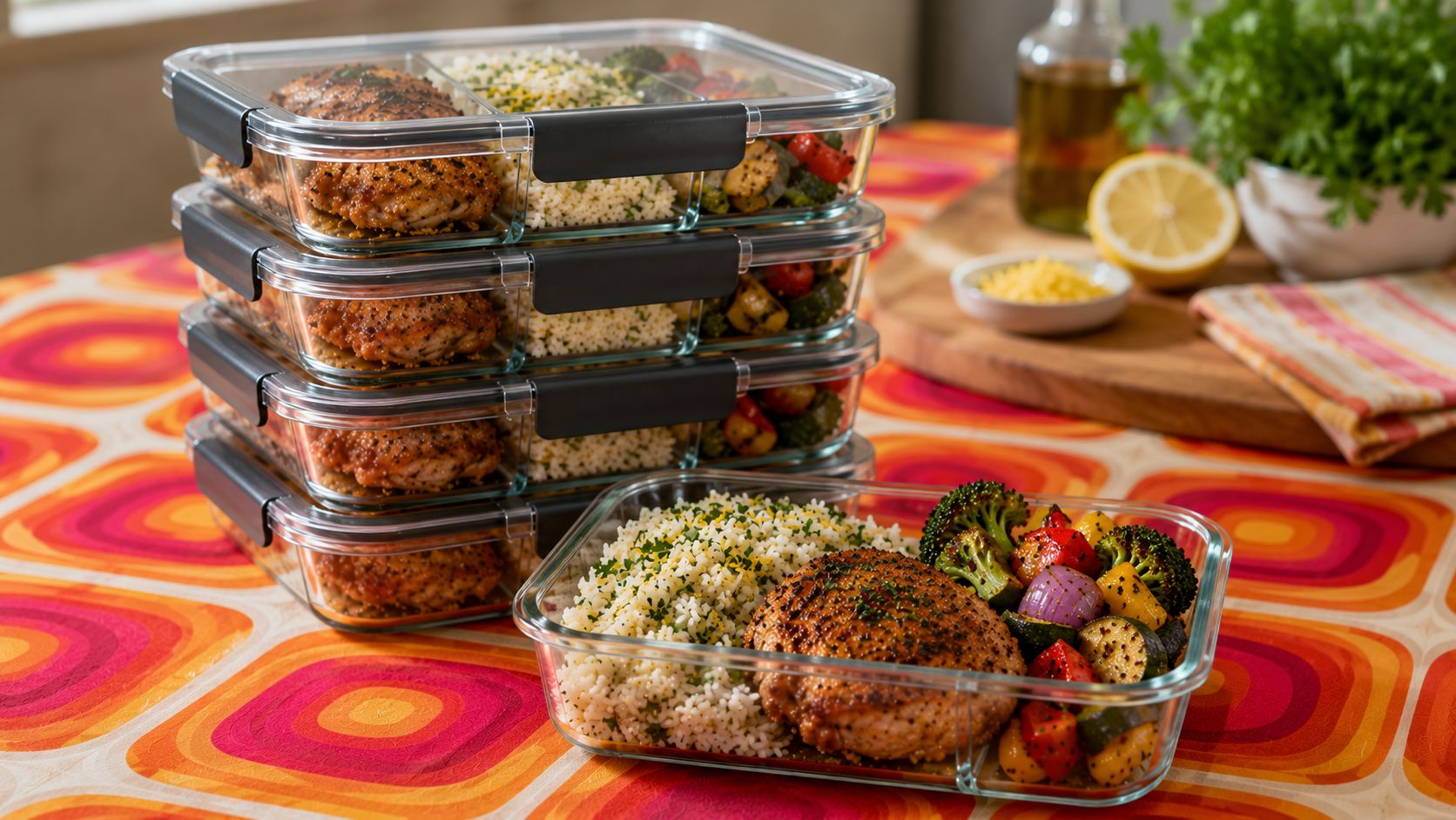 Five meal prep containers arranged on a white surface, each filled with golden roasted chicken thighs, caramelized mixed vegetables, and herb-flecked lemon rice