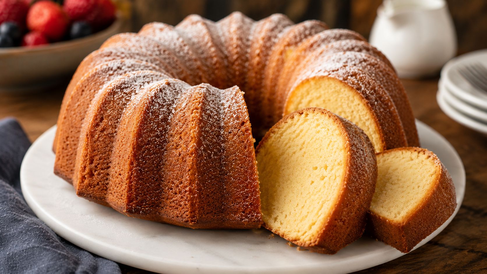 A golden-brown classic Southern pound cake on a white cake stand, sliced to show a fine, dense crumb, with a light vanilla glaze drizzled over the top