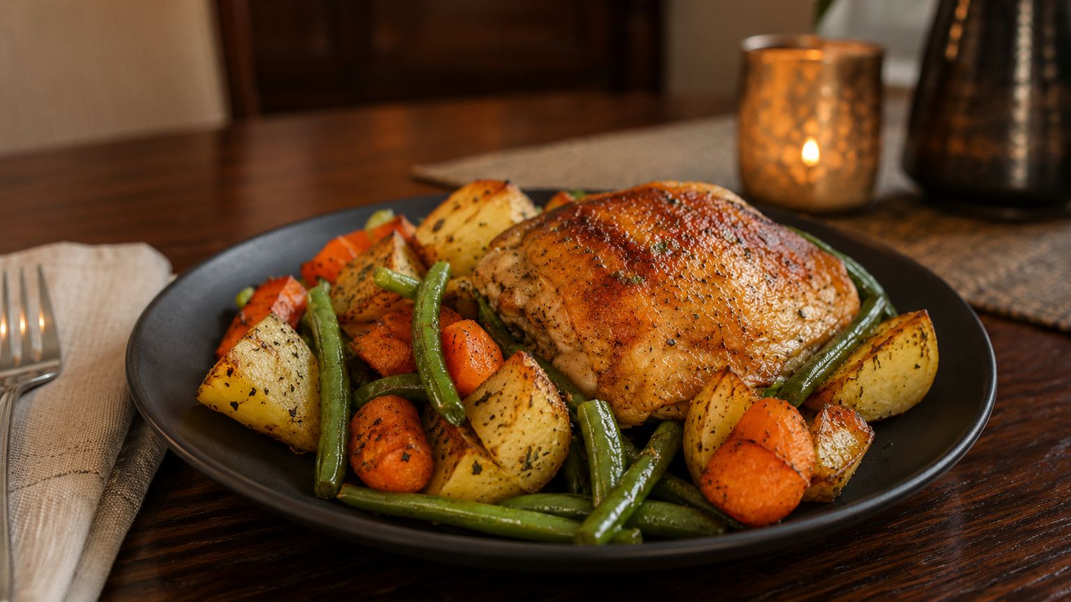 Sheet pan chicken thighs with golden crispy skin surrounded by roasted potatoes, bell peppers, and red onion on a foil-lined baking sheet