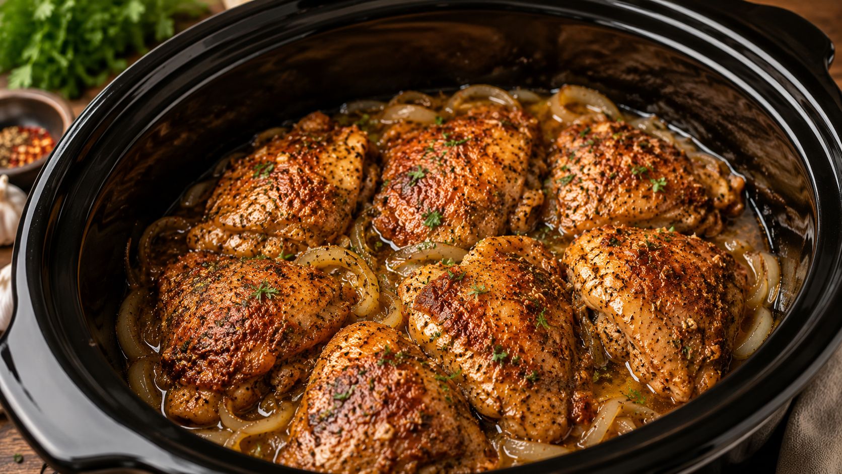 Tender shredded slow cooker chicken served in a white bowl over rice, garnished with fresh parsley, surrounded by a rustic wooden table setting