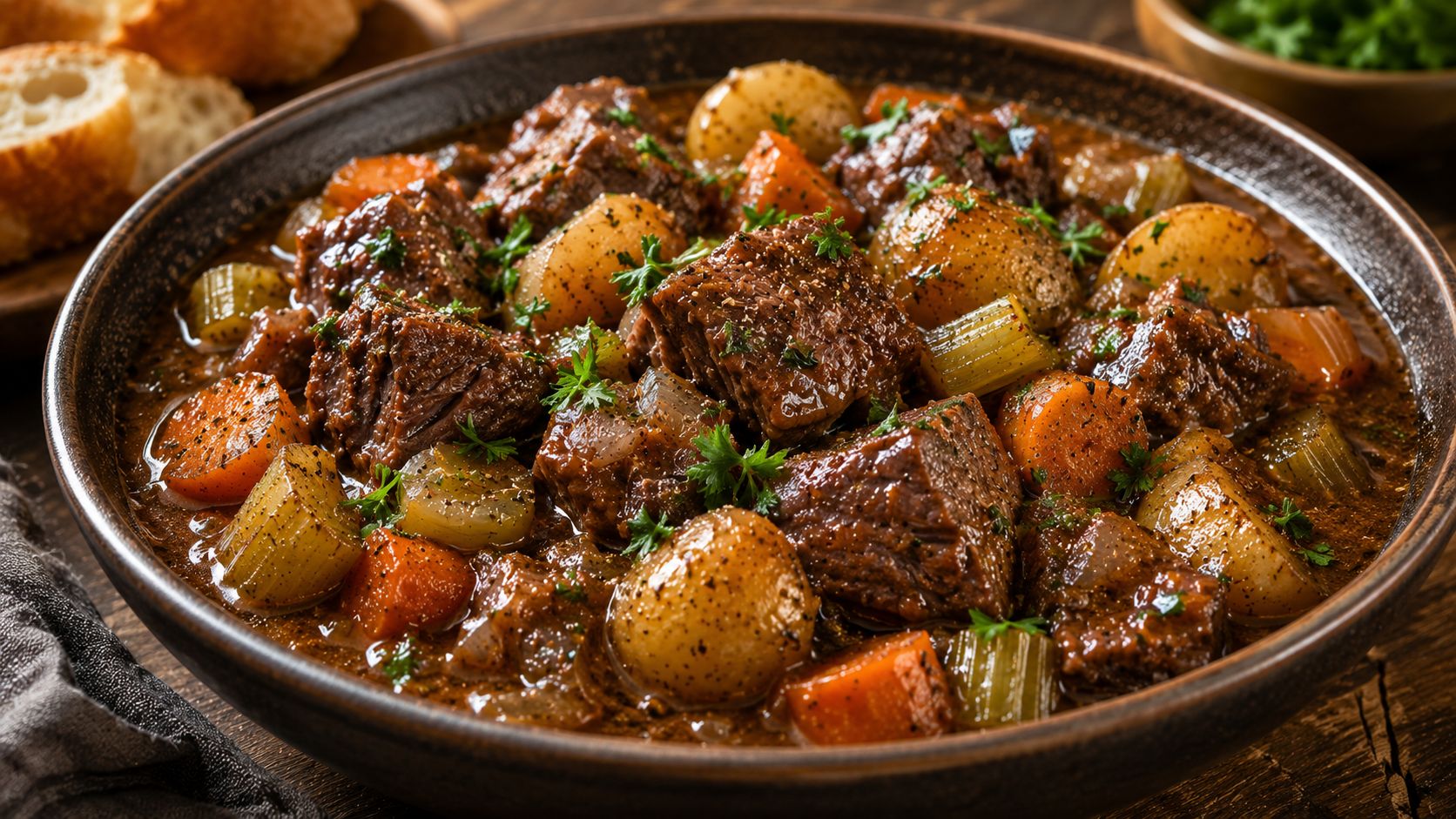 A bowl of slow cooker beef stew with tender chunks of beef, carrots, and potatoes in a thick rich broth, topped with fresh parsley, served with crusty bread on a wooden table