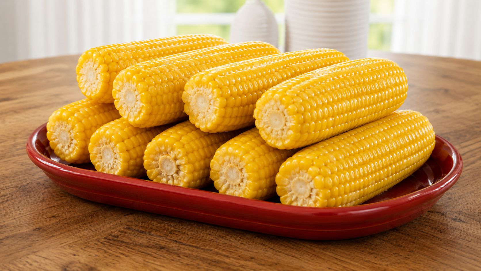 Four ears of corn on the cob with charred grill marks, served on a wooden board with compound butter and fresh herbs